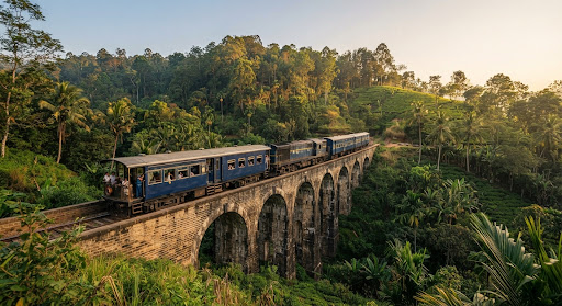 Vintage train crossing Nine Arch Bridge